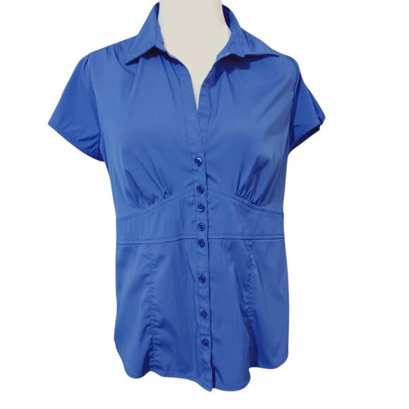 DRESSBARN Retro Gathered Blouse Top Medium Yoke Royal Blue Feminine V-Neck - Picture 1 of 7
